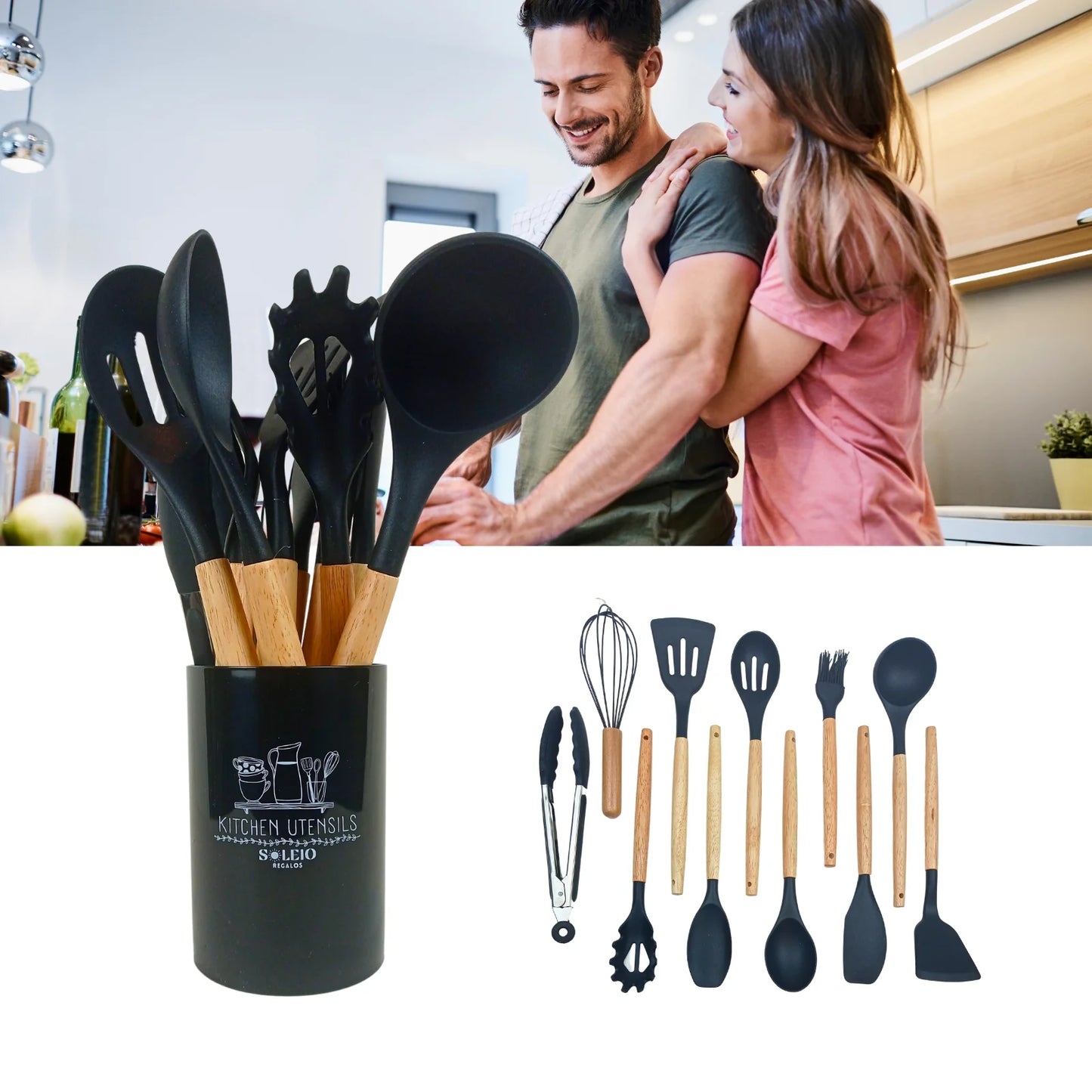 Set 12 Utensilios De Cocina Silicona Negro